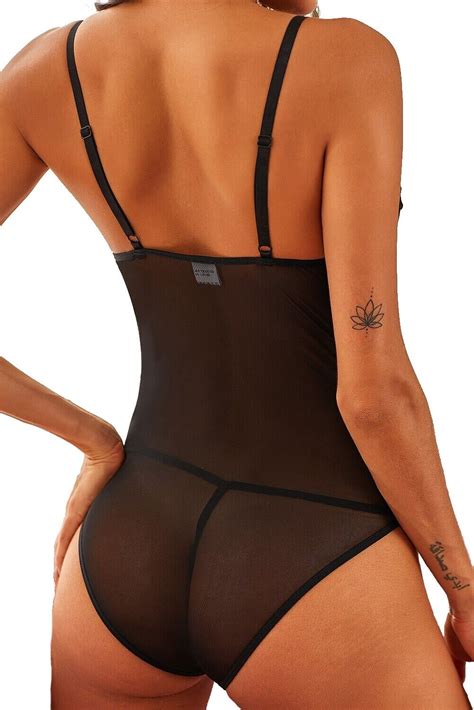 Sexy Black Sheer Lace Cut Out Strappy Bodysuit Teddy Onepiece Lingerie