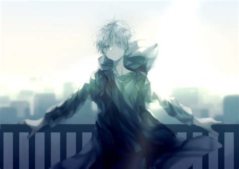 Wallpaper Cool Anime Boy Hoodie White Hair Fence Cityscape Wallpapermaiden
