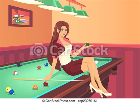 Clip Art Vector Of Girl And Billiard Pool Young Graceful Girl Invites