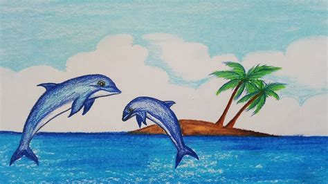 How To Draw Scenery Of Dolphinstep By Stepeasy Draw Youtube
