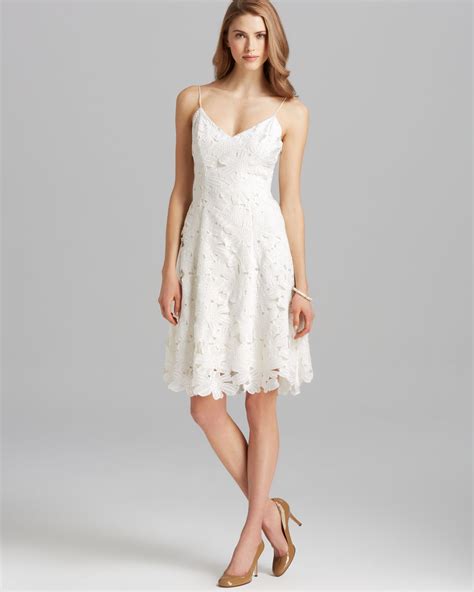 lyst vera wang dress v neck spaghetti strap lace fit and flare in white