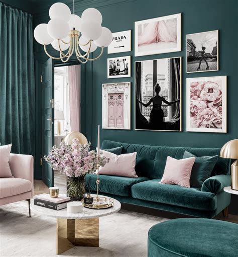 Elegant Gallery Wall Art Petrol Pink Living Room Fashion Posters Golden