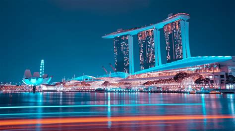 Marina Bay Sands 4k Wallpaper Hotel Singapore Blue Hour Night Lights Waterfront Reflection