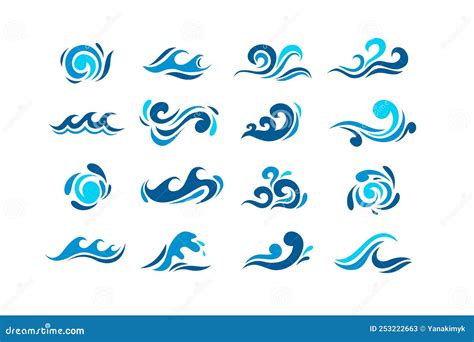 Big Set Of Stylized Ocean Waves Colored Set Stock Vector