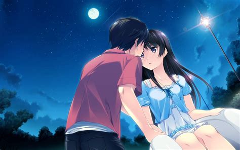 Anime Couple During The Night Under The Moonlight Wallpaper Download