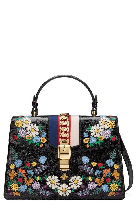 Lyst Gucci Medium Sylvie Floral Embroidered Top Handle Leather