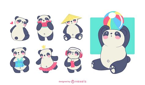 Cute Panda Character Set Design Vector Download