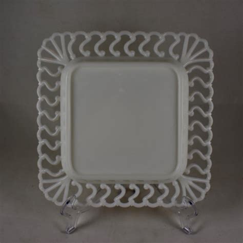 19th Century Eapg Lace Edge American Opaque Milk Glass Square Plates