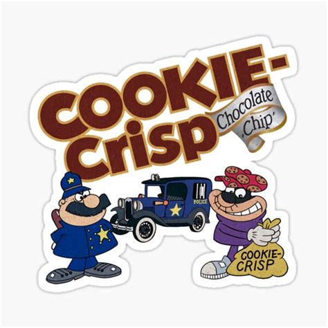 1970s cookie crisp cookie cereal cop and cookie crook mascot characters with logotype sticker