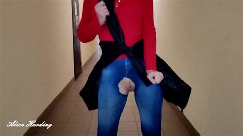 alice walks down the office corridor in jeans with a hole in her pussy without panties xxx