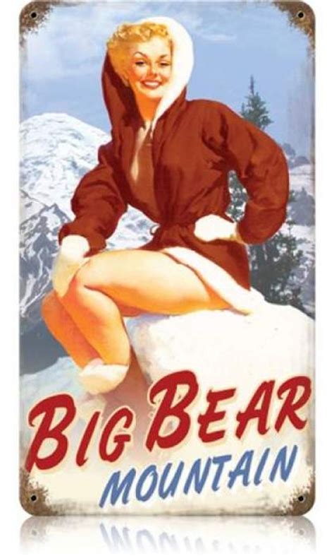 Vintage Big Bear Pin Up Girl Metal Sign 8 X 14 Inches