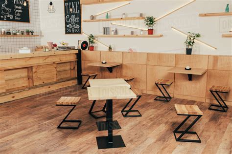 Stylish Interior Of Modern Cafe With Stylish Wooden Furniture Stock