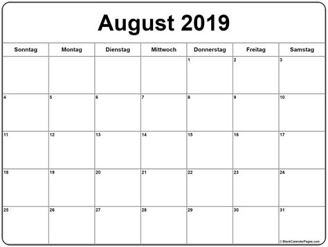 Mit einem konto bei kalender.com lassen sich eigene termine und geburtstage integrieren. August 2019 kalender | kalender 2019