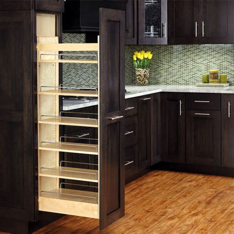 They can help save you time when prepping for a meal, since you no longer have to excavate the backs of your cabinets for foodstuffs. Rev-A-Shelf Tall Wood Pull-Out Pantry with Adjustable ...
