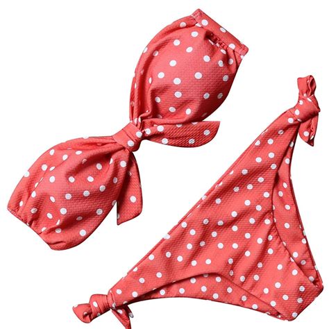 Ruuhee Women Polka Dot Bow Tie Knot Strapless Bandeau Two Piece Bikini