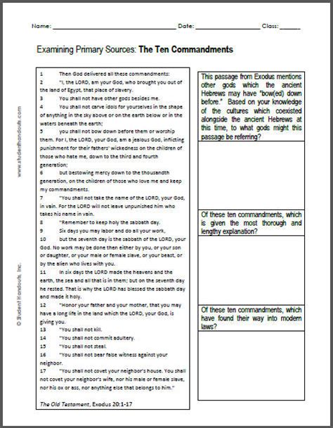 Every lesson includes lesson guides, story, worksheets, colouring pages, craft and more. Ten Commandments DBQ Worksheet | Student Handouts