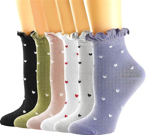 mcool mary women s socks ruffle ankle socks comfort cool thin cotton knit low cut hearts pattern