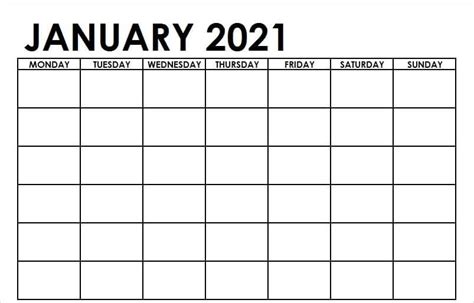 Free Blank January Calendar 2021 Printable Template 3 January