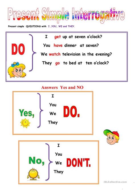 Please follow the list about simple present tense indicates, unchanging situations, general truths, scientific facts, habits, fixed arrangements and frequently occuring events. Present SImple Interrogative. - English ESL Worksheets for ...