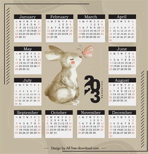 Calendar 2023 Template Cute Bunny Butterfly Sketch Vectors Graphic Art