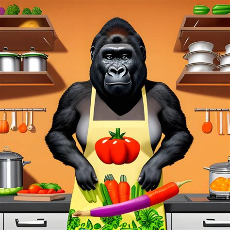 Cooking Female Gorilla With Hawaiian Colorful Apron Many Vegeta