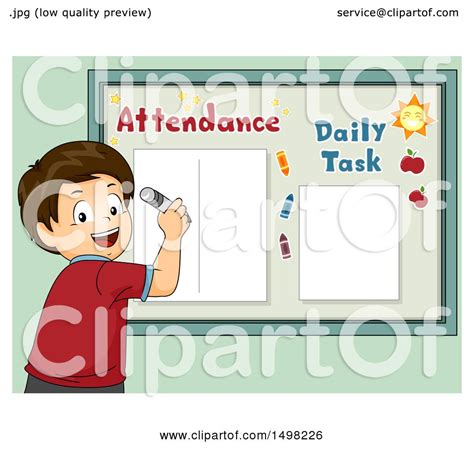 Clipart Of A Boy Writing On An Attendance Board Royalty Free Vector