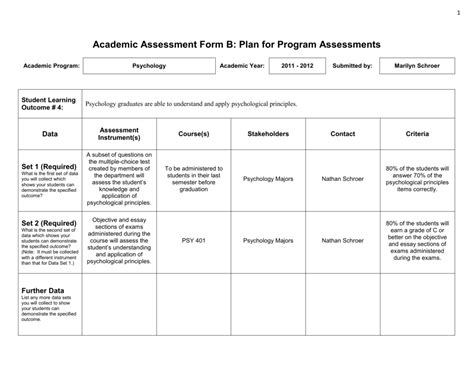 Academic Assessment Form B Plan For Program Assessments