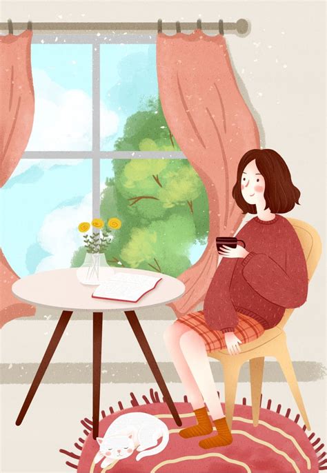 Cute Girl Drinking Coffee Recreation Cartoon Background Cartoon