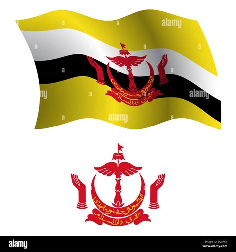 Brunei Wavy Flag And Coat Of Arms Against White Background Vector Art