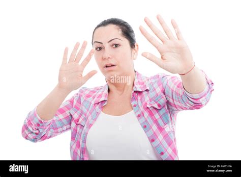 Scared Woman Raising Hands Up In Defense As Danger Concept Isolated On