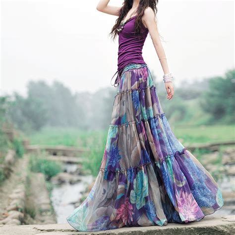 Elegant Floral Printed Maxi Chiffon Skirt 2018 Summer Womens Boho High