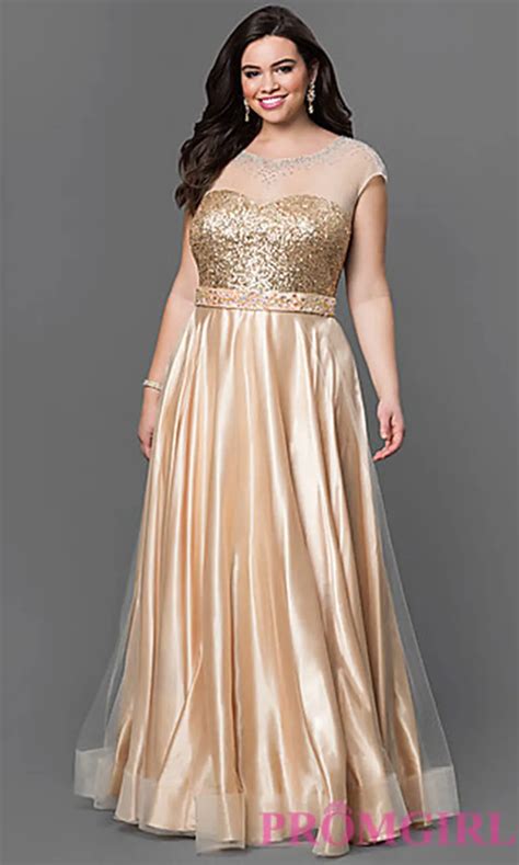 Gold Plus Size Evening Dresses Scoop Sheer Neck Sequins V Back Lace Up Floor Length Long