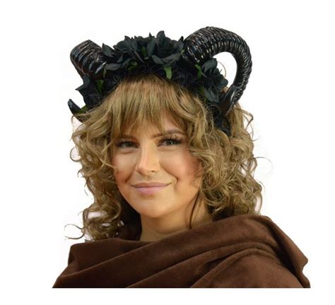 Mystical Creature Black Ram Horns Headband Flowers Animal Dark Fairy