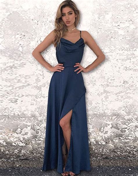 Simple A Line Spaghetti Straps Navy Blue Chiffon Long Prom Dress With