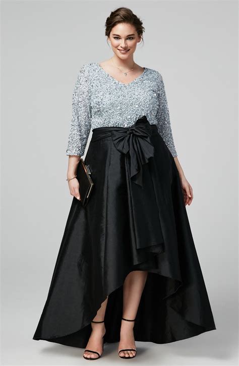 Chic High Low Sequined Plus Size Prom Dresses Sleeves V Neck A Line