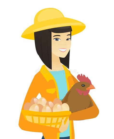 Asian Farmer Holding Chicken And Basket Of Eggs Stock Vector
