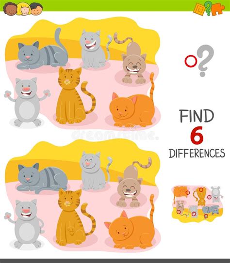 Differences Game With Cartoon Cat Characters Stock Vector