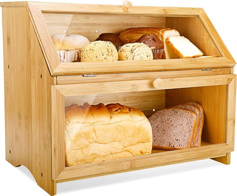 Homekoko Double Layer Large Bread Box For Kitchen Counter Wooden Large