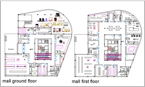 Mall With Shopping Area View With Ground Floor And First Floor Plan Dwg