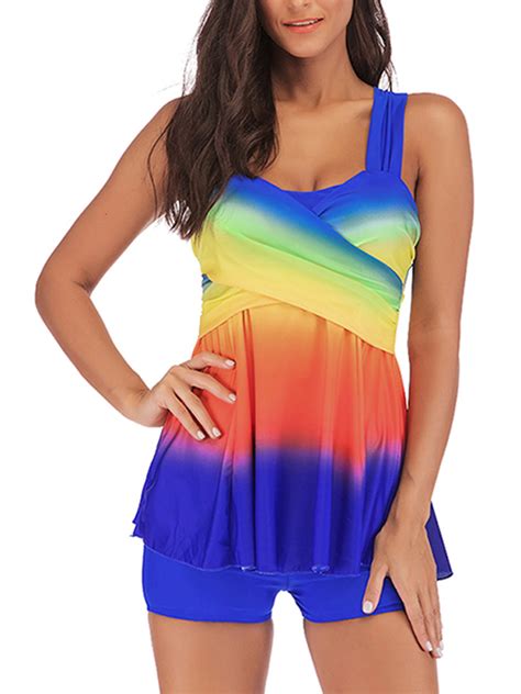 Sexy Dance Plus Size Women Tankini Set Swimdress Rainbow Color Block Two Piece Swimsuit