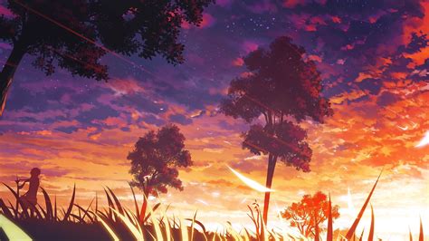 Wallpaper Wind Field Clouds Scenic Sunset Anime Landscape Trees