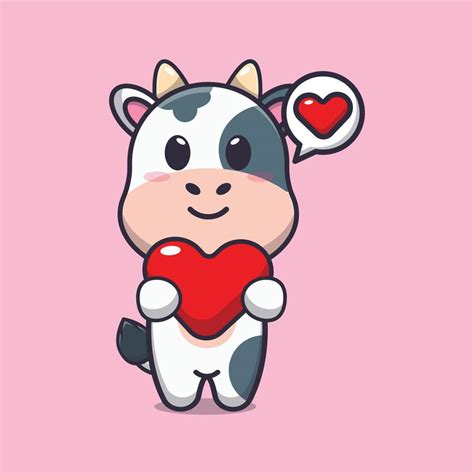 Cute Cow Cartoon Character Holding Love Heart Vector Art At Vecteezy
