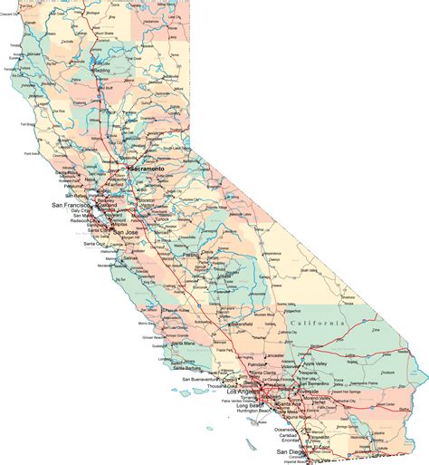 Large Detailed Administrative And Road Map Of California California
