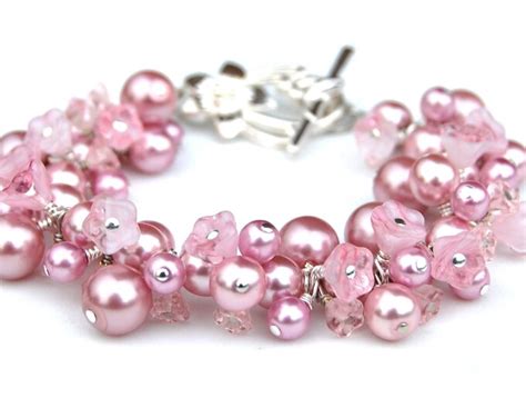Pink Pearl Bracelet Cherry Blossom Floral And Pearl Cluster Bracelet