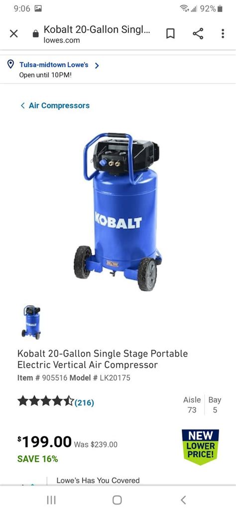 Kobalt 20 Gallon Single Stage Portable Electric Vertical Air Compressor