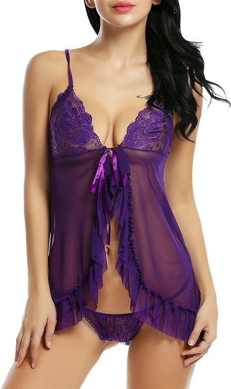 ADOME Women Lingerie Lace Bodydoll V Neck Sleepwear Mesh Chemise Purple