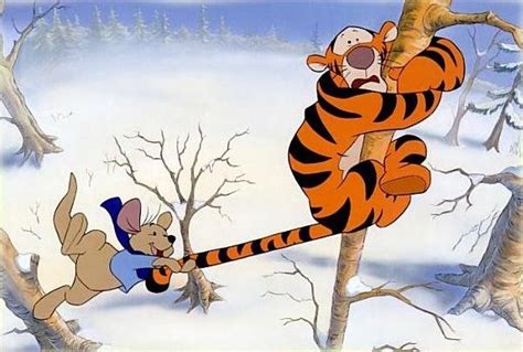 Winnie The Pooh And Tigger Playing In The Snow With Each Other On A Tree