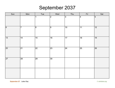 September 2037 Calendar With Weekend Shaded