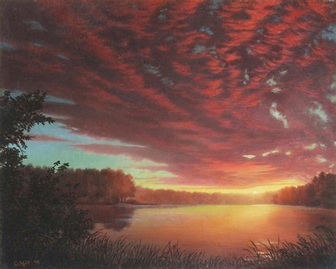 Riverbend Sunset Sky River Landscape Oil Painting American