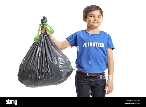 Boy Volunteer Holding A Waste Bag Isolated On White Background Stock
